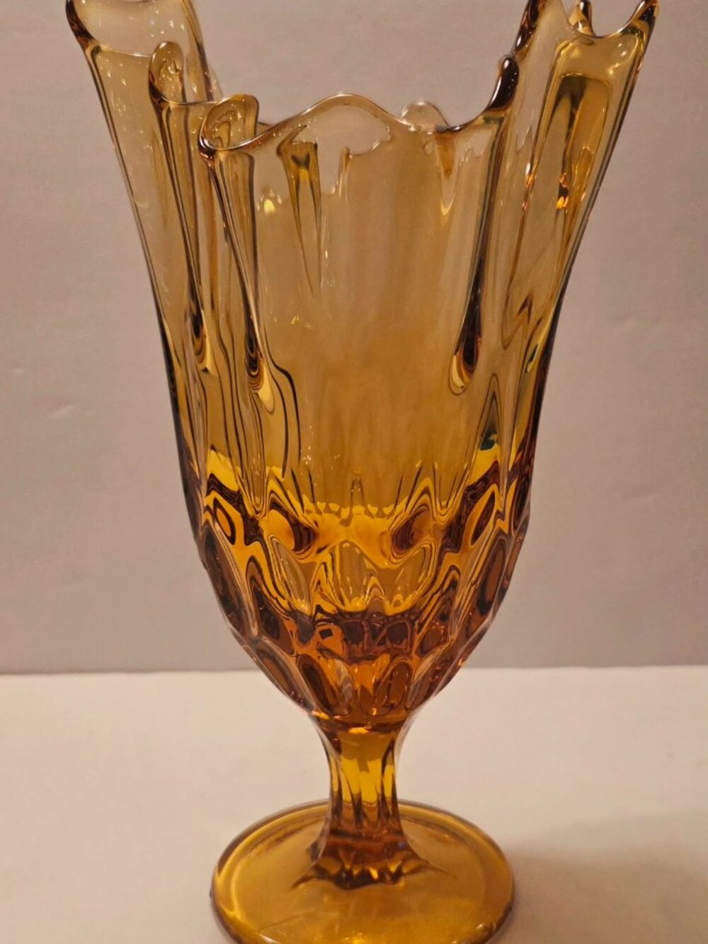 Vintage Fenton Amber Swung Glass Pedestal Vase